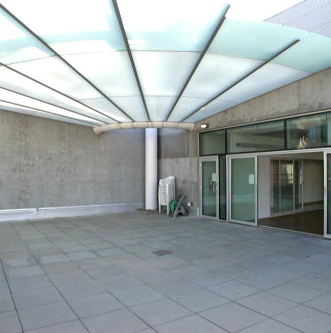The patio and overhang at Scotiabank Dance Centre