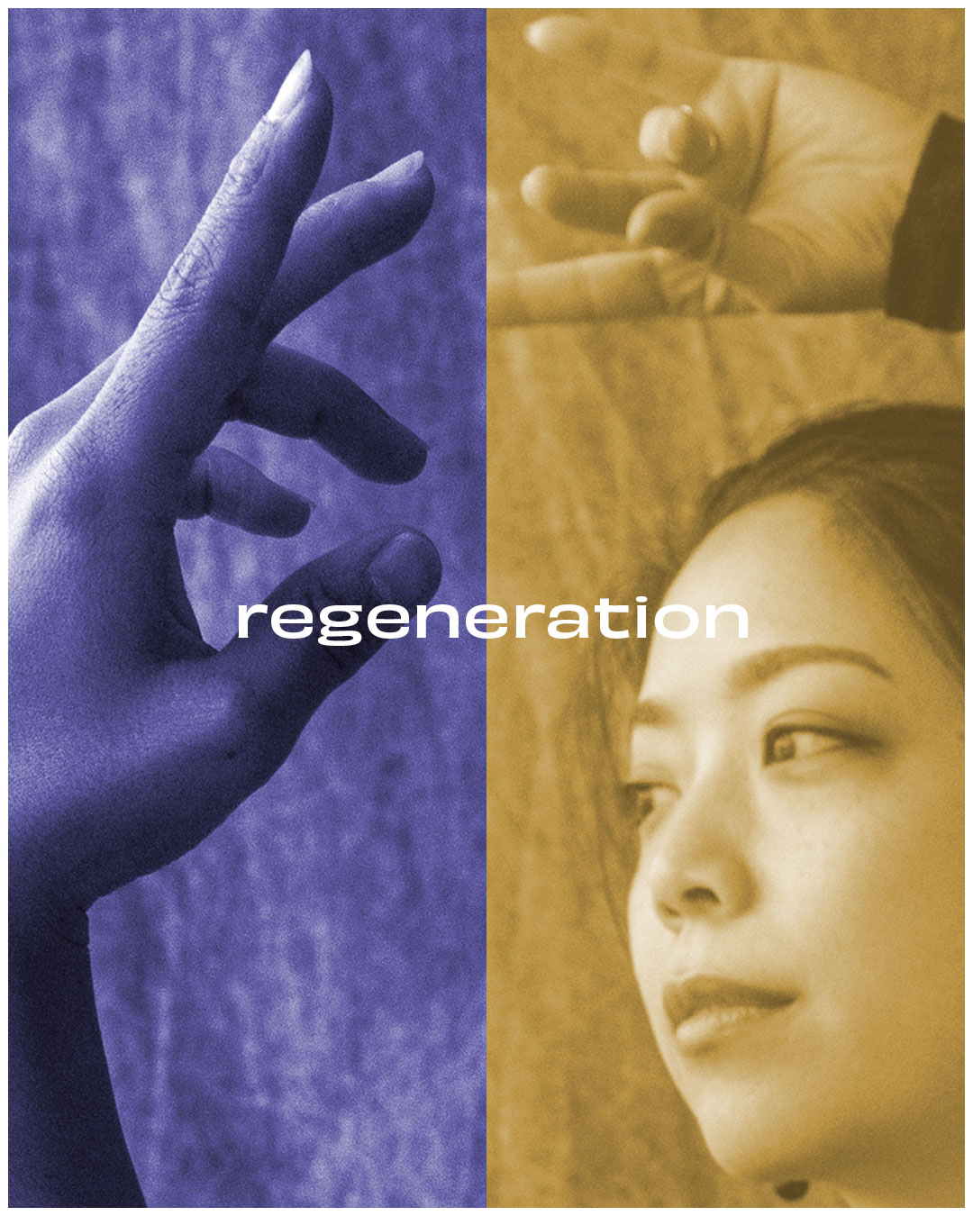 Poster for regeneration - a close up of a female dancer with arms above her head - the image is split so the left side is purple and the right is yellow wash